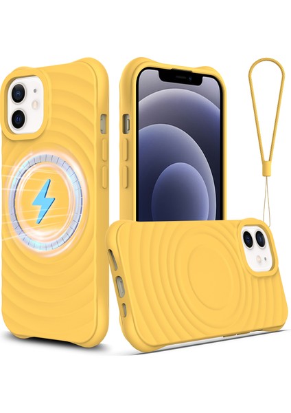 iPhone 12 Mini Için Manyetik Kılıf Askılı Su Dalgalı Dokulu Sıvı Silikon Telefon Kapağı-Sarı (Yurt Dışından)