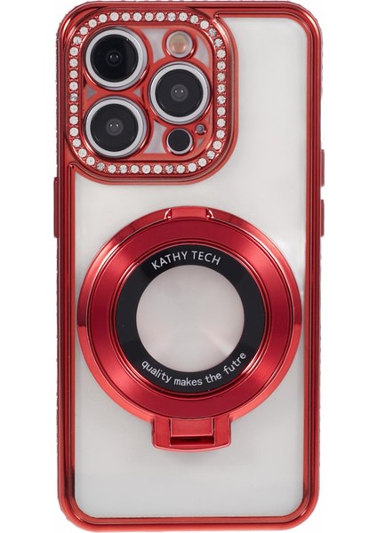 iPhone 15 Pro Max Için Kılıf Taşlı Lens Çerçevesi Halkalı Tpu Telefon Kılıfı Kickstand-Kırmızı (Yurt Dışından)