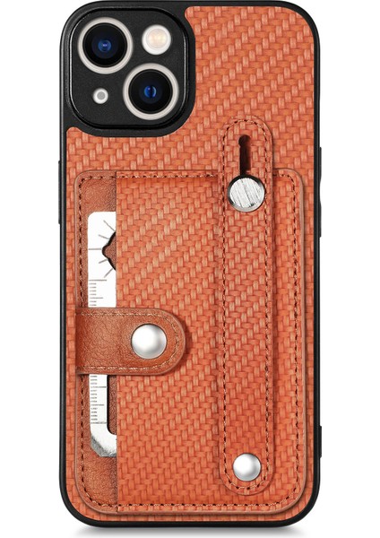 iPhone 14 Için Kılıf Kart Tutucu Karbon Fiber Doku Pu+Tpu+Pc Darbeye Dayanıklı Telefon Kapağı-Kahverengi (Yurt Dışından)