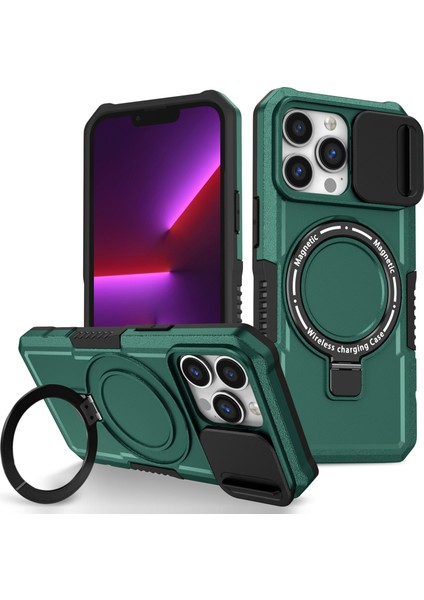 iPhone 13 Pro Lens Kapaklı Kılıf Pc+Tpu Telefon Kapağı Magsafe-Siyahımsı Yeşil ile Uyumlu (Yurt Dışından)