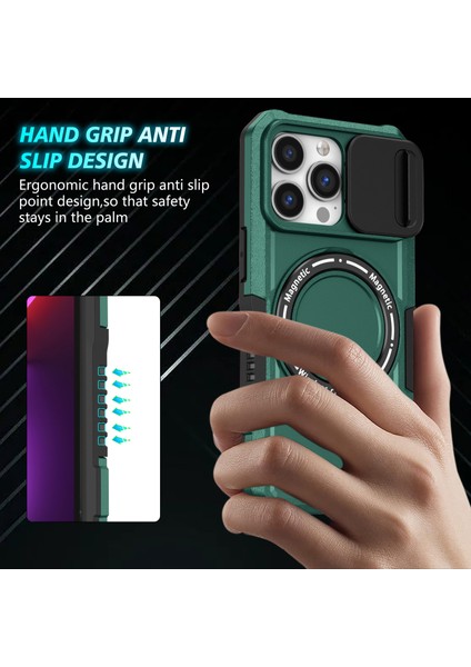 iPhone 13 Pro Lens Kapaklı Kılıf Pc+Tpu Telefon Kapağı Magsafe-Siyahımsı Yeşil ile Uyumlu (Yurt Dışından)