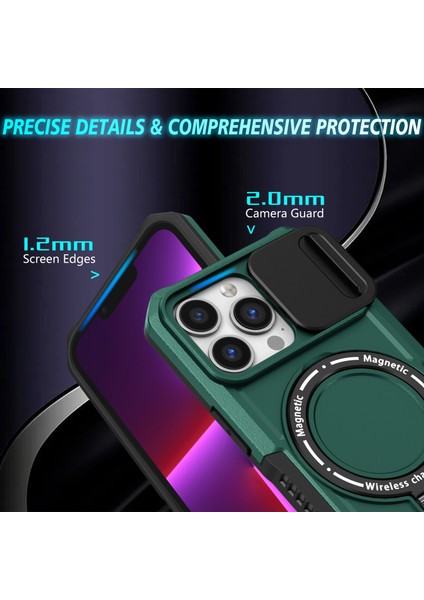 iPhone 13 Pro Lens Kapaklı Kılıf Pc+Tpu Telefon Kapağı Magsafe-Siyahımsı Yeşil ile Uyumlu (Yurt Dışından)