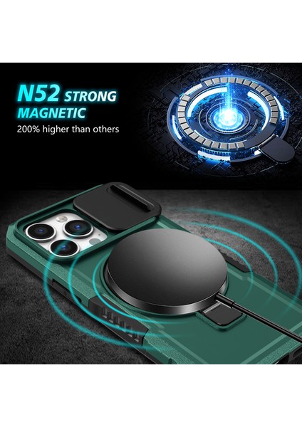 iPhone 13 Pro Lens Kapaklı Kılıf Pc+Tpu Telefon Kapağı Magsafe-Siyahımsı Yeşil ile Uyumlu (Yurt Dışından)