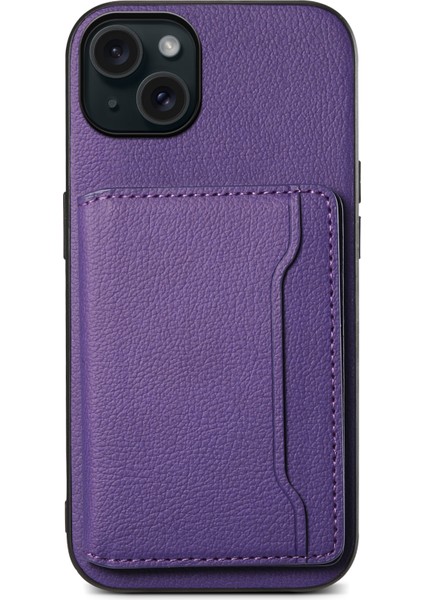 iPhone 15 Plus Kılıf Kart Yuvaları Için Pu Deri Dana Dokulu Telefon Koruyucu-Mor (Yurt Dışından)