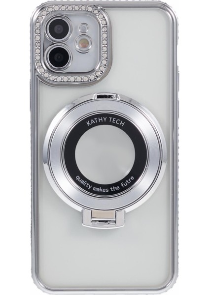 iPhone 12 Için Tpu Kılıf Rhinestones Dekor Yüzük Kickstand Damla Korumalı Telefon Kapağı-Gümüş (Yurt Dışından)