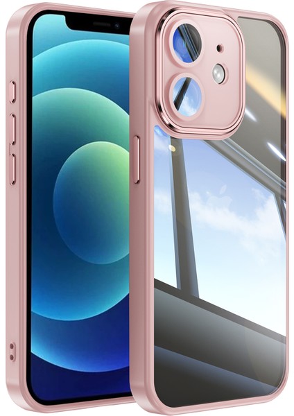 iPhone 12 Kılıfı Için Kamera Koruma Metal Düğmeler Tpu+Akrilik Çizilmez Telefon Kapağı-Pembe (Yurt Dışından)