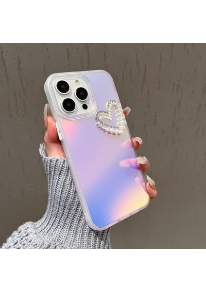 iPhone 13 Pro Için 6.1 Inç Kılıf Lazer Etkisi Pc+Tpu Inciler Kalp Dekor Mat Telefon Kapağı-Şeffaf (Yurt Dışından)