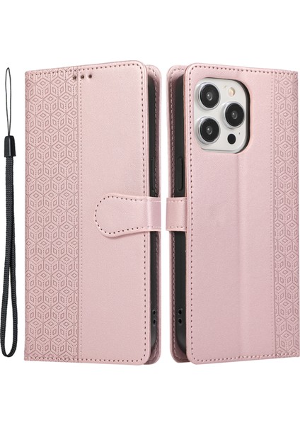 iPhone 14 Pro Max Için R20 Kılıf Ekleme Baskılı Eşkenar Dörtgen Çizilmez Deri Telefon Kapağı-Gül Altın (Yurt Dışından)