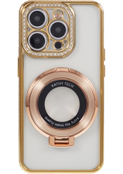 iPhone 12 Pro Için Kılıf Rhinestones Dekor Yüzük Kickstand Tpu Telefon Kapağı-Altın (Yurt Dışından)