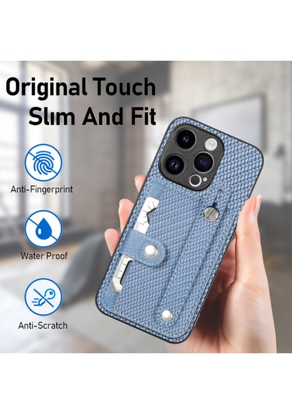 iPhone 15 Pro Max Kılıf Karbon Fiber Dokulu Deri+Tpu+Pc Telefon Kılıfı ve Kart Tutucu-Mavi (Yurt Dışından) fırsatları