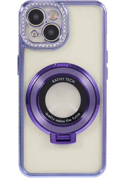 iPhone 13 Için Kılıf Esnek Tpu Rhinestones Dekor Koruyucu Kabuk Pc Halkalı Kickstand-Mor (Yurt Dışından)