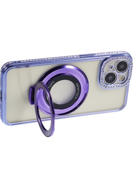 iPhone 13 Için Kılıf Esnek Tpu Rhinestones Dekor Koruyucu Kabuk Pc Halkalı Kickstand-Mor (Yurt Dışından) modelleri