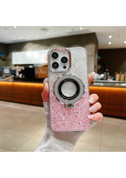 iPhone 14 Pro Için Kılıf Akrilik+Tpu Payetler Manyetik Halkalı Epoksi Telefon Kılıfı Kickstand-Gümüş+Pembe (Yurt Dışından)