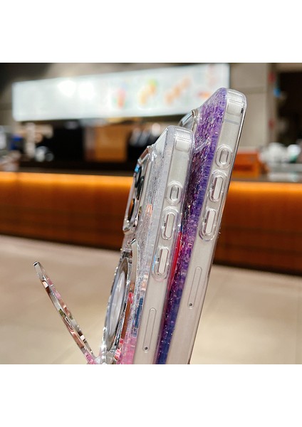 iPhone 14 Pro Için Kılıf Akrilik+Tpu Payetler Manyetik Halkalı Epoksi Telefon Kılıfı Kickstand-Gümüş+Pembe (Yurt Dışından) modelleri