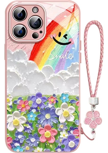 iPhone 15 Pro Temperli Cam Kılıf Smile Gökkuşağı Desenli Yonca El Askılı Telefon Kılıfı-Pembe (Yurt Dışından)