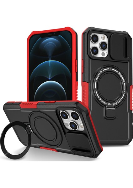 iPhone 12 Pro Max Için 6,7 Inç Manyetik Telefon Kılıfı Pc+Tpu Kapaklı, Slayt Kamera Kapaklı-Kırmızı/siyah (Yurt Dışından)