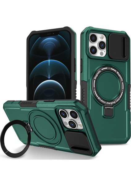 iPhone 12 Pro Max Için 6,7 Inç Manyetik Telefon Kılıfı Pc+Tpu Kapaklı, Slayt Kamera Kapaklı-Siyahımsı Yeşil (Yurt Dışından)