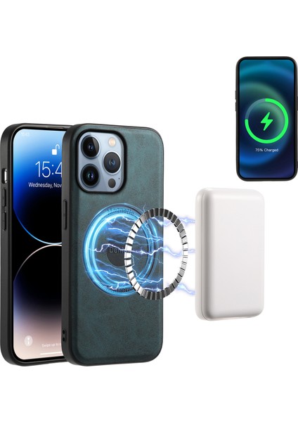 D14 iPhone 13 Pro Kılıf Magsafe Deri Kickstand Kart Yuvalarıyla Uyumlu Arka Kapak-Mavi (Yurt Dışından)