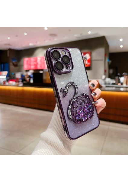 iPhone 14 Pro Max Kılıf Için Glitter Quicksand Swan Dahili Cam Lens Filmi Tpu Telefon Kapağı-Mor (Yurt Dışından)