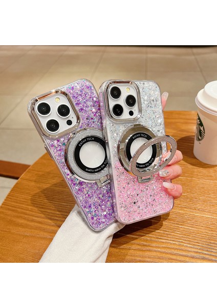iPhone 14 Pro Için Kılıf Akrilik+Tpu Payetler Manyetik Halkalı Epoksi Telefon Kılıfı Kickstand-Gümüş+Pembe (Yurt Dışından) indirimleri