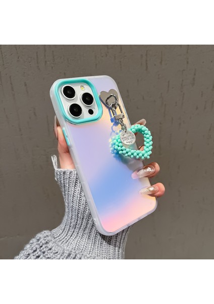 iPhone 14 Pro Için Lazer Efektli Pc+Tpu Mat Telefon Kılıfı Inci Kalp Kolye-Nane Yeşili (Yurt Dışından)