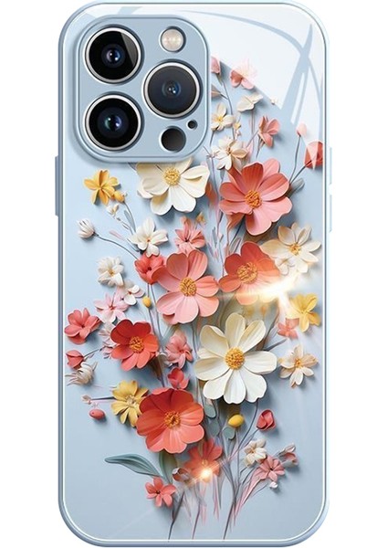 iPhone 14 Pro Max Kılıf Yaz Çiçek Desenli Temperli Cam+Tpu Telefon Kapağı-Mavi (Yurt Dışından)