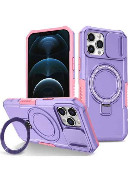iPhone 12/12 Pro Için Manyetik Kılıf Kaydırmalı Lens Kapağı Kickstand Pc+Tpu Telefon Kapağı-Pembe/mor (Yurt Dışından)