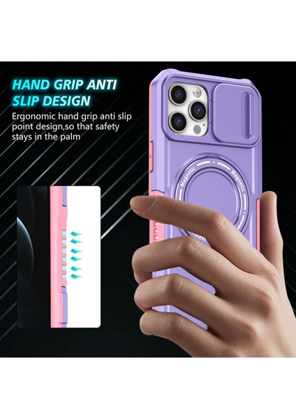 iPhone 12/12 Pro Için Manyetik Kılıf Kaydırmalı Lens Kapağı Kickstand Pc+Tpu Telefon Kapağı-Pembe/mor (Yurt Dışından)