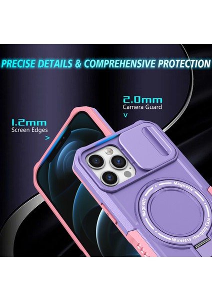 iPhone 12/12 Pro Için Manyetik Kılıf Kaydırmalı Lens Kapağı Kickstand Pc+Tpu Telefon Kapağı-Pembe/mor (Yurt Dışından)