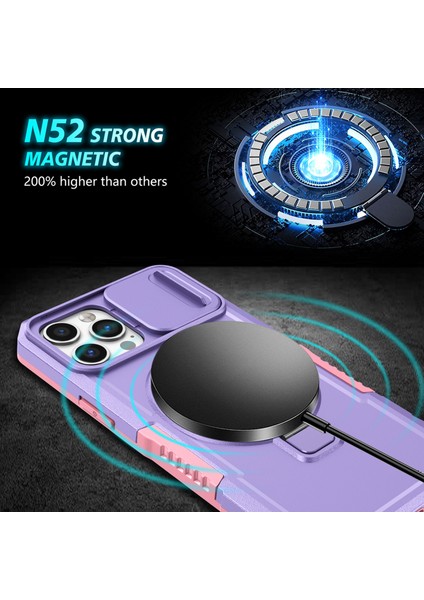 iPhone 12/12 Pro Için Manyetik Kılıf Kaydırmalı Lens Kapağı Kickstand Pc+Tpu Telefon Kapağı-Pembe/mor (Yurt Dışından)