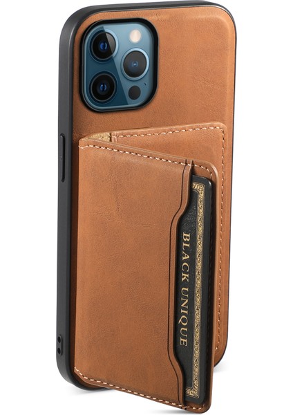 iPhone 12 Pro Max Için Kılıf Retro Dokulu Pu+Tpu+Pc Kart Çantalı Manyetik Telefon Kılıfı-Kahverengi (Yurt Dışından)