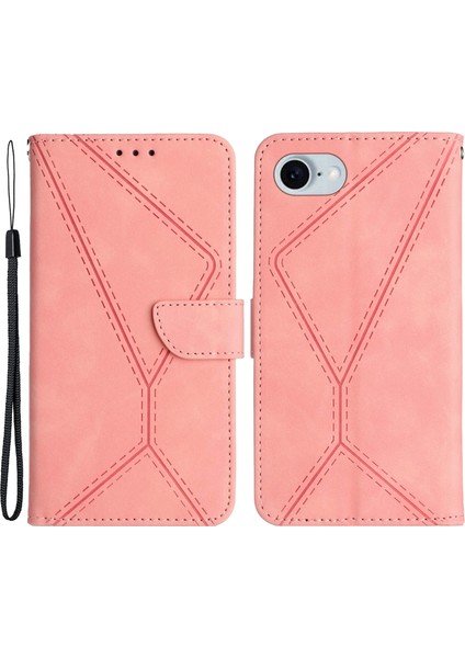 HT05 iPhone SE(2024) Kılıf Darbeye Dayanıklı Çizgiler Baskılı Pu Deri Telefon Kapağı-Pembe (Yurt Dışından)