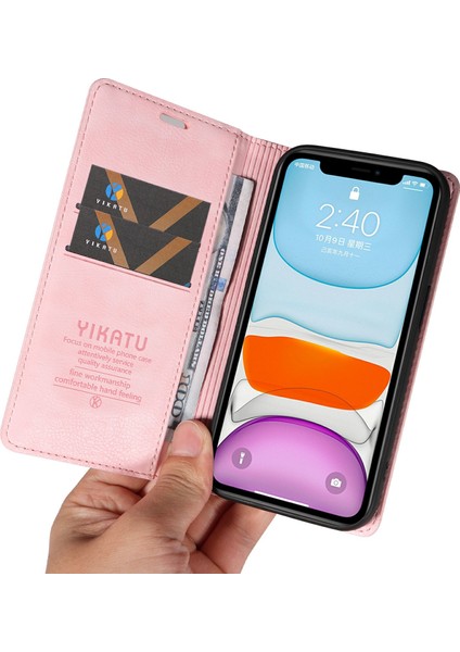 iPhone 11 Kılıf Cüzdan Kart Yuvaları Için Pu Deri Koruyucu Telefon Kapağı-Pembe (Yurt Dışından)