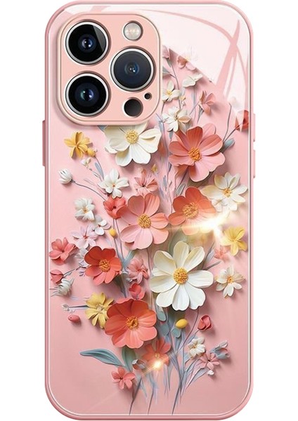 iPhone 15 Pro Hibrit Kılıf Temperli Cam+Tpu Buket Tasarımı Cep Telefonu Kabuğu-Pembe (Yurt Dışından)