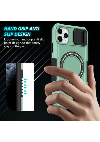iPhone 11 Pro Max Kılıf Kickstand Pc+Tpu Lens Korumalı Manyetik Telefon Kılıfı-Açık Yeşil (Yurt Dışından)