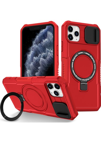 iPhone 11 Pro Max Için Kılıf Kickstand Pc+Tpu Lens Korumalı Manyetik Telefon Kılıfı-Kırmızı (Yurt Dışından)