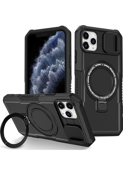 iPhone 11 Pro Max Için Kılıf Kickstand Pc+Tpu Lens Korumalı Manyetik Telefon Kılıfı-Siyah (Yurt Dışından)