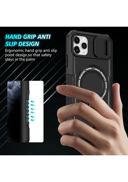 iPhone 11 Pro Max Için Kılıf Kickstand Pc+Tpu Lens Korumalı Manyetik Telefon Kılıfı-Siyah (Yurt Dışından)