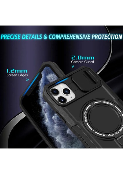 iPhone 11 Pro Max Için Kılıf Kickstand Pc+Tpu Lens Korumalı Manyetik Telefon Kılıfı-Siyah (Yurt Dışından)