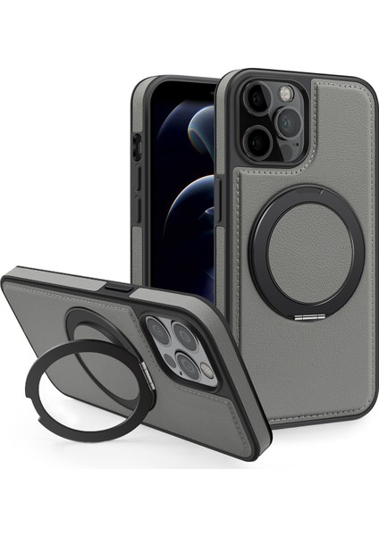 iPhone 12/12 Pro Için Manyetik Kılıf Düşmeye Dayanıklı Deri+Pc+Tpu Kickstand Telefon Kapağı-Gri (Yurt Dışından)
