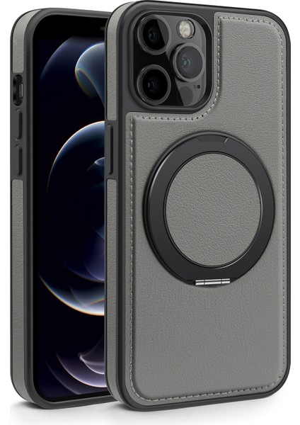 iPhone 12/12 Pro Için Manyetik Kılıf Düşmeye Dayanıklı Deri+Pc+Tpu Kickstand Telefon Kapağı-Gri (Yurt Dışından)