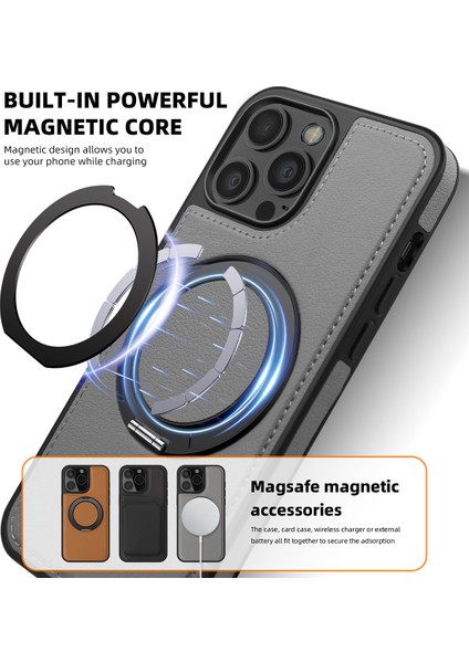 iPhone 12/12 Pro Için Manyetik Kılıf Düşmeye Dayanıklı Deri+Pc+Tpu Kickstand Telefon Kapağı-Gri (Yurt Dışından)
