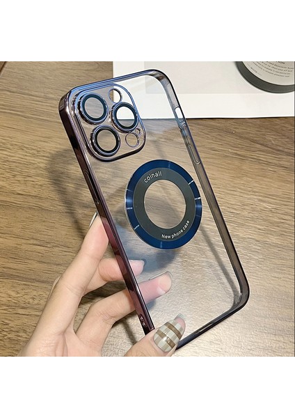 iPhone 15 Pro Max Için Manyetik Telefon Kılıfı Pc+Tpu Logo Görünümü Şeffaf Arka Kapak Lensli Film-Mor (Yurt Dışından)