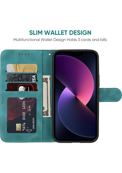iPhone 14 Plus Kılıf Skin-Touch Deri Çizgi Desenli Kart Yuvaları Cüzdan Telefon Kapağı-Yeşil (Yurt Dışından) fırsatları