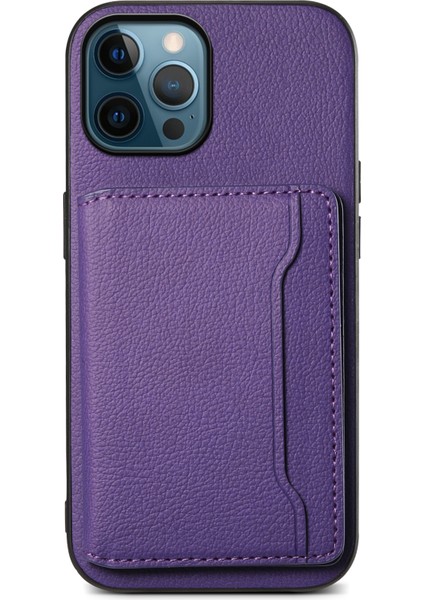 iPhone 12 Pro Max Için Kickstand Kılıf Düşmeyi Önleyici Buzağı Dokusu Pu+Pc+Tpu Telefon Kapağı-Mor (Yurt Dışından)