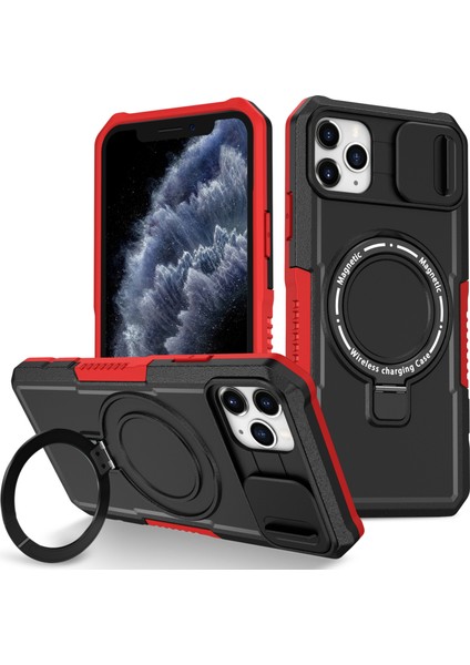 iPhone 11 Pro Max Için Kılıf Kickstand Pc+Tpu Lens Korumalı Manyetik Telefon Kılıfı-Kırmızı/siyah (Yurt Dışından)