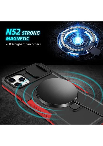 iPhone 11 Pro Max Için Kılıf Kickstand Pc+Tpu Lens Korumalı Manyetik Telefon Kılıfı-Kırmızı/siyah (Yurt Dışından)