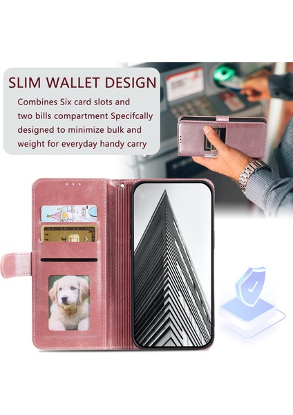 iPhone 14 Için Kılıf Deri 6 Kart Sahipleri Telefon Cüzdan Kapağı-Rose Gold (Yurt Dışından)