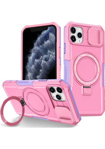 iPhone 11 Pro Max Için Kılıf Kickstand Pc+Tpu Lens Korumalı Manyetik Telefon Kılıfı-Mor/pembe (Yurt Dışından)