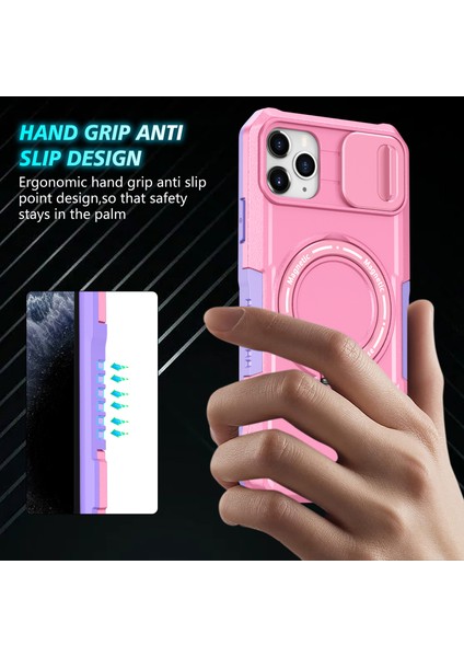 iPhone 11 Pro Max Için Kılıf Kickstand Pc+Tpu Lens Korumalı Manyetik Telefon Kılıfı-Mor/pembe (Yurt Dışından)